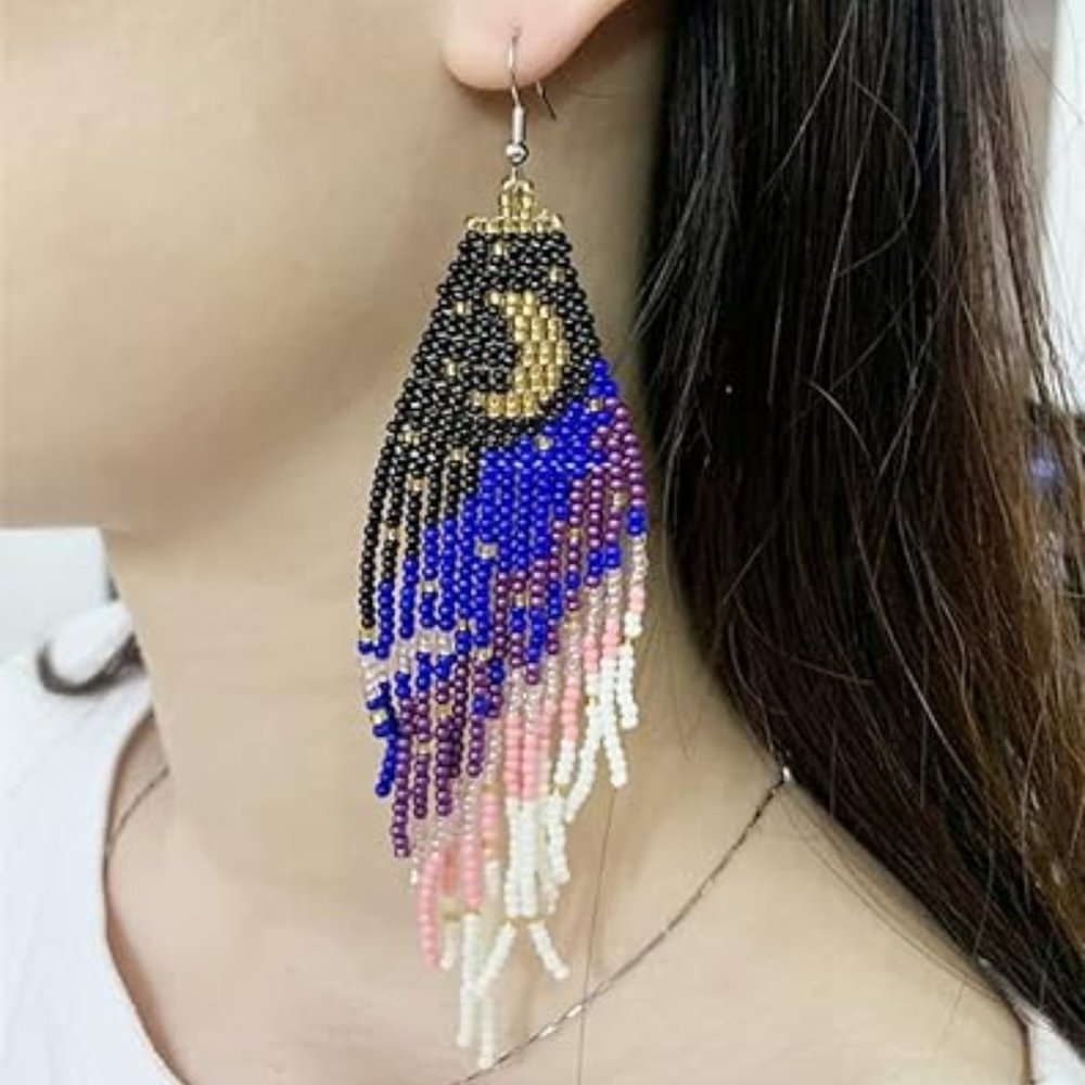 Crescent Moon Black Blue Purple Pink Long 5" Earrings Handmade Beaded Oversized